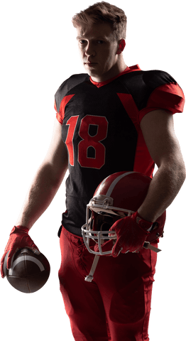 Young american football player holding helmet and ball transparent background