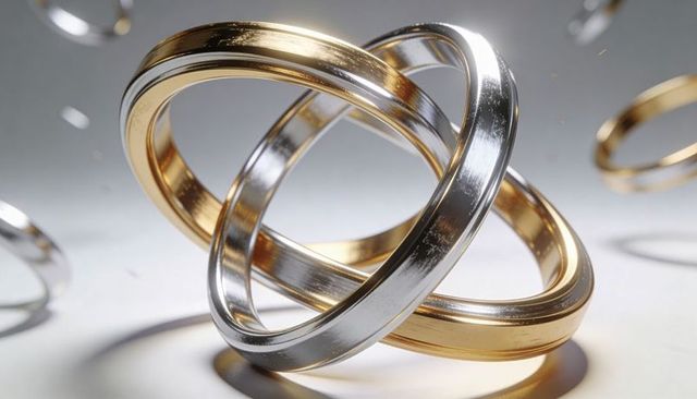 Interlocking Gold and Silver Rings Forming Metallic Knot with Brushed Reflections
