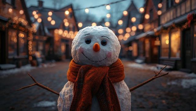 Charming Snowman with Red Scarf on Festive Cobblestone Street