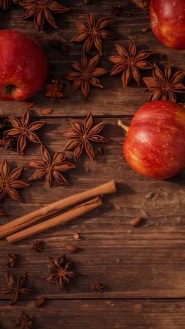 Vertical Flatlay Showcasing Star Anise, Cinnamon Sticks and Apples on Rustic Wood Table