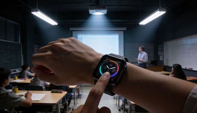 Student checking smartwatch during classroom presentation with teacher and projector