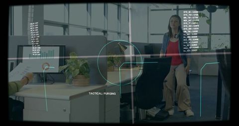 Augmented reality hud tracking plant in modern open-plan office with worker standing