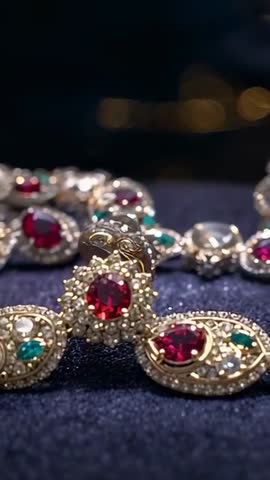 Vertical cinematic close-up of gold ruby necklace gliding over velvet with bokeh sparkle