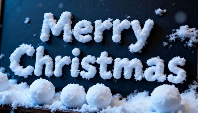 Merry Christmas spelled in snowy letters with snowballs on dark tabletop display