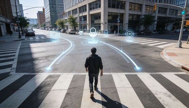 Urban pedestrian walking through smart city intersection with augmented reality overlays
