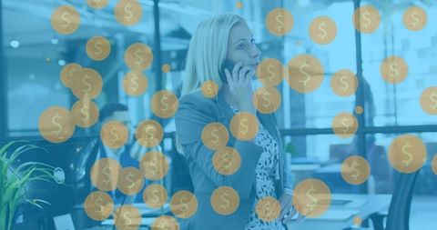 Businesswoman Discussing Smartphone Deal with Digital Dollar Overlay in Office