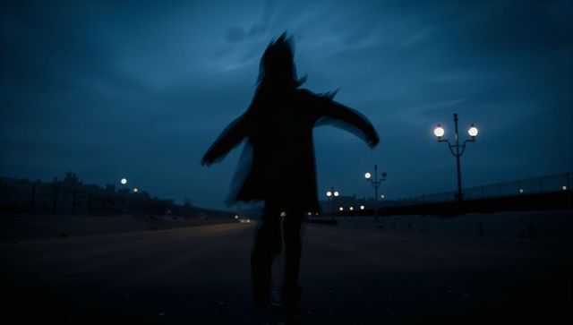 Mystical Figure Beside Urban Promenade at Dusk