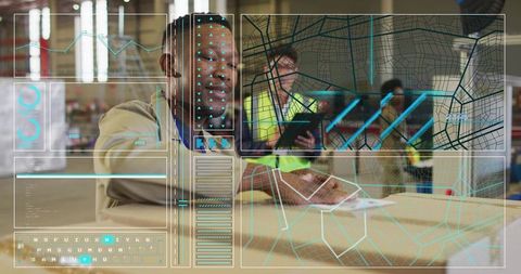 Warehouse worker verifying shipment with augmented reality hud and tablet in fulfillment center