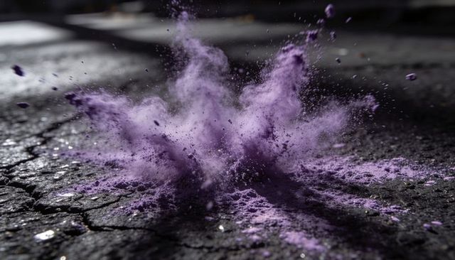 Vibrant purple powder explosion on cracked pavement with mineral flecks and dust plume