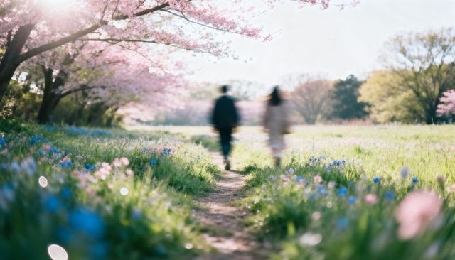Couple walking through sunlit cherry blossom meadow with wildflowers and dreamy bokeh