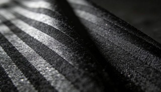 Macro striped fabric showing folded twill and herringbone texture with glinting lint