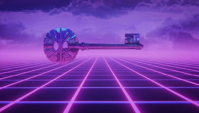 Futuristic cyberpunk key hovering on neon grid in synthwave style