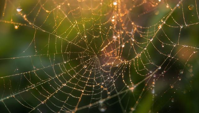 Dew-covered orb web catching golden morning light with sparkling bokeh in meadow