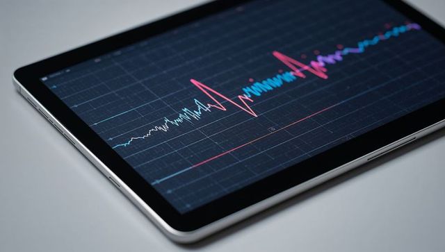 Tablet displaying colorful waveform analytics on touchscreen for tech data visualization