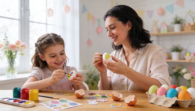 Mother and daughter painting Easter eggs at sunlit kitchen table with pastel decorations