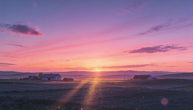Golden sunset rays casting over rural fields and farmstead with glowing dust motes