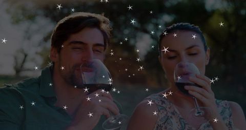 Romantic couple sipping red wine at golden hour with star sparkles overlay