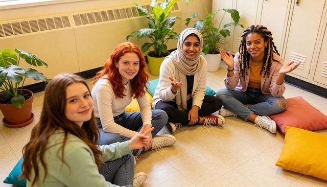 Multicultural teen friends sitting in school hallway chatting with cushions and plants