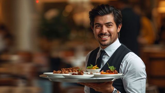 Smiling waiter serving appetizer platter while holding round tray in elegant restaurant