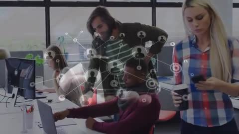 Team Collaborating in Modern Office with Data Overlay