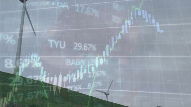 This visual blend of financial data charts with windmill imagery suggests themes of sustainable economics and investment in green technology. Use for illustrating concepts around renewable energy financing, eco-conscious investments, or market analyses related to energy sectors. Perfect for presentations or articles on the intersection of economy and sustainability.