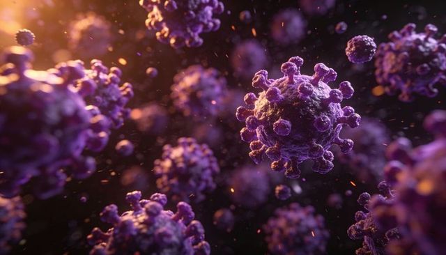 Violet viral particles floating with glowing spike proteins and cinematic orange light