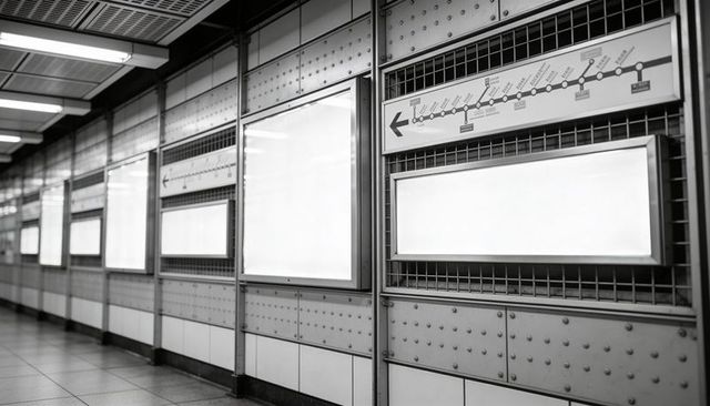 Riveted subway corridor with illuminated blank ad frames and route map in monochrome