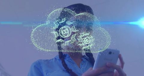 Woman holding smartphone interacting with holographic cloud gears and data visualization