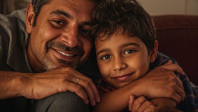 Warm father and son cuddling on leather couch, sharing affectionate smile and strong bond