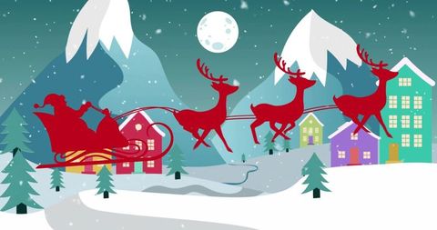Santa sleigh gliding over moonlit snowy village with three reindeer silhouettes