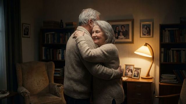 Elderly couple embracing in cozy living room, matching sweaters and warm family memories