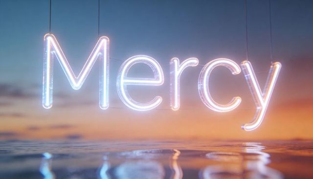 Glowing mercy neon sign floating above water at sunset with soft twilight reflection
