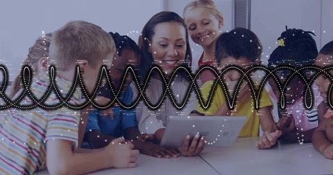 Teacher guiding diverse children using tablet around classroom table with waveform overlay
