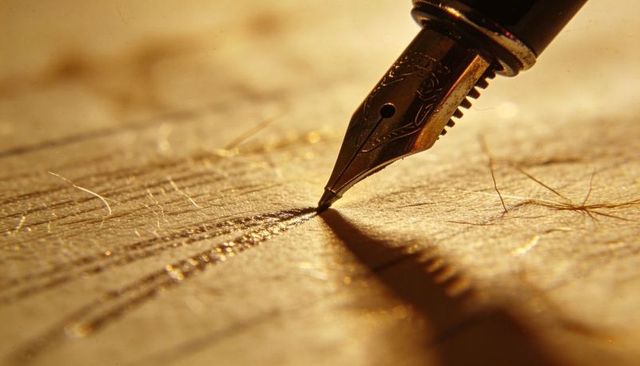 Macro fountain pen nib pressing into textured paper, golden light creating serrated shadow