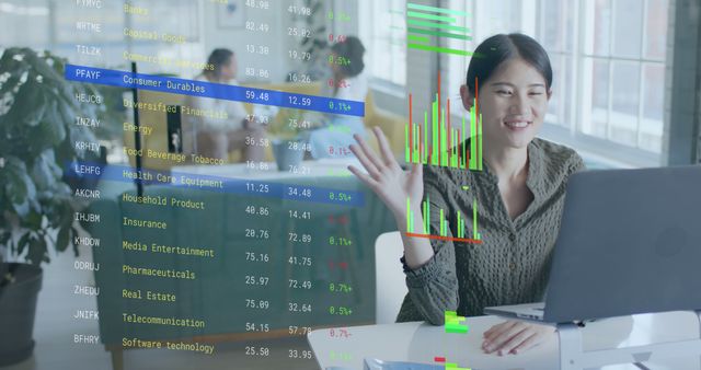 Businesswoman Conducting Video Conference with Financial Data Overlay - Download Free Stock Images Pikwizard.com