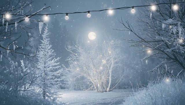 Moonlit frosty forest clearing with warm fairy lights and hanging bulb garland, snowy night