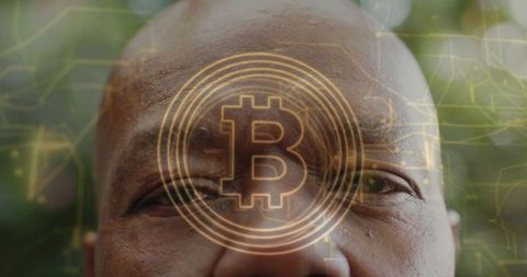 Senior Man Showing Tear with Bitcoin Overlay Closeup Portrait Merging Age and Crypto