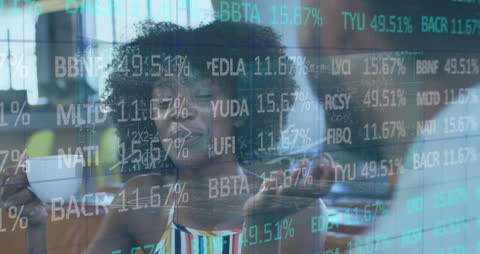 Smiling Woman with Stock Market Data Animation Overlay