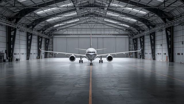 Twin-Engine Jet Airliner Parked Inside Spacious Hangar