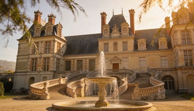 Golden-hour french chateau with sweeping double staircase, ornate balustrade and fountain