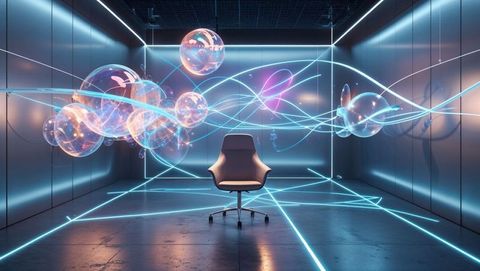 Futuristic office chair in high-tech digital environment