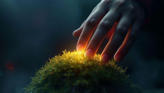 Hand touching glowing moss in enchanted environment