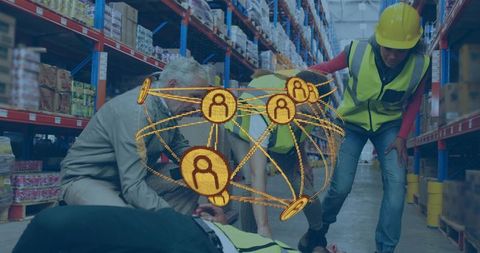 Warehouse Team Responding to Collapsed Coworker with Connected Safety Network Overlay