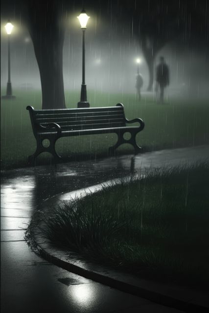 Empty park bench illuminated by a street light on a rainy and foggy night, with a wet path curving in the foreground. Ideal for themes of solitude, introspection, quiet, rain, melancholy moods, poetry, and urban landscape settings.