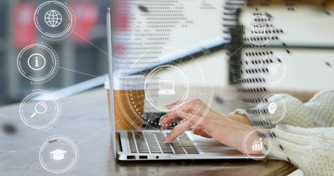 Female student typing on laptop featuring virtual education interface, study icons in cafe