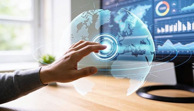 Hand interacting with holographic globe and data dashboards for global analytics