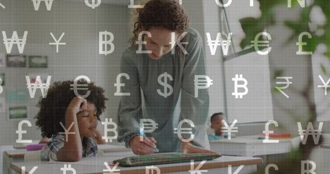 Teacher guiding student on tablet with currency symbol overlay for financial literacy