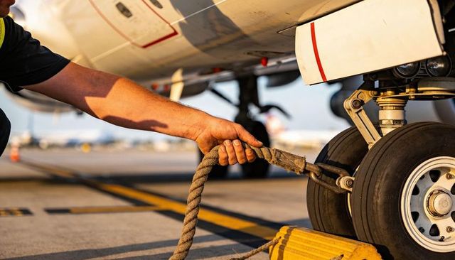 Ground crew securing chock rope to aircraft landing gear during apron operations