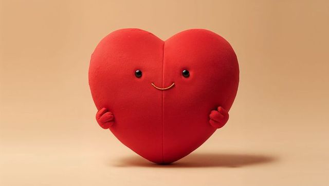 Smiling red heart plush holding tiny hands on warm beige background for valentine design