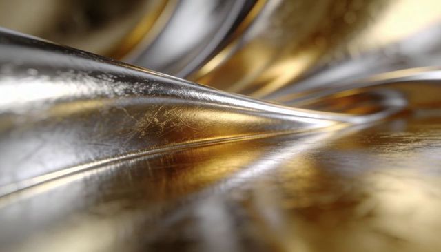 Gold and silver metallic waves reflecting light with scratched texture abstract macro